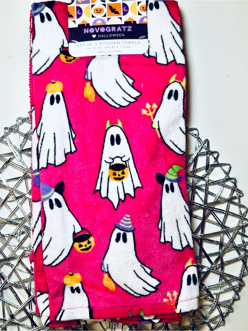 3 Bright Pink Halloween Ghost Kitchen Towels Trick or Treat Costumes